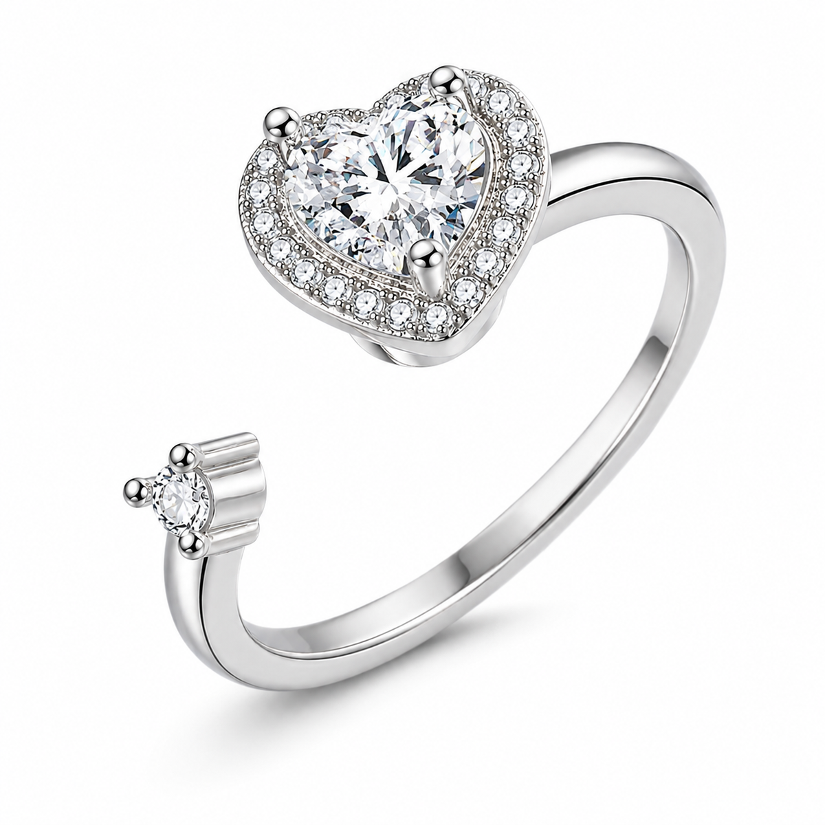 Bague anti-stress rotative Cœur Orné argentée, cœur de cristal taillé entouré de petites pierres