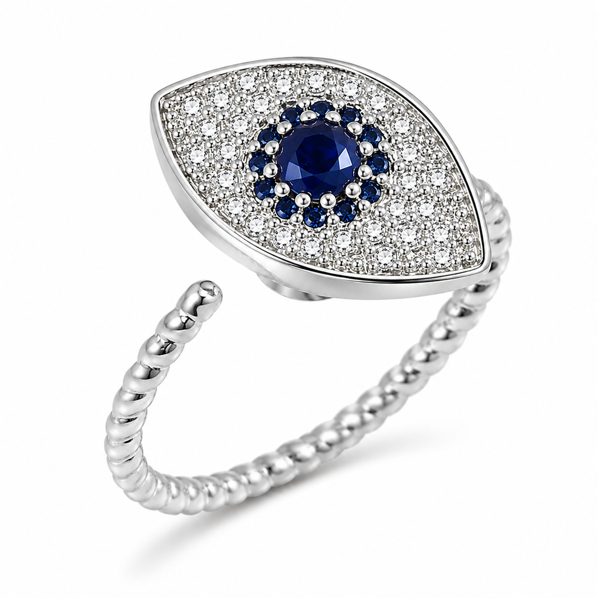 Bague anti-stress rotative Cyclope argentée, œil pavé à iris de pierres bleu nuit, anneau torsadé