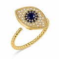 Bague anti-stress rotative Cyclope dorée, œil pavé à iris de pierres bleu nuit, anneau torsadé