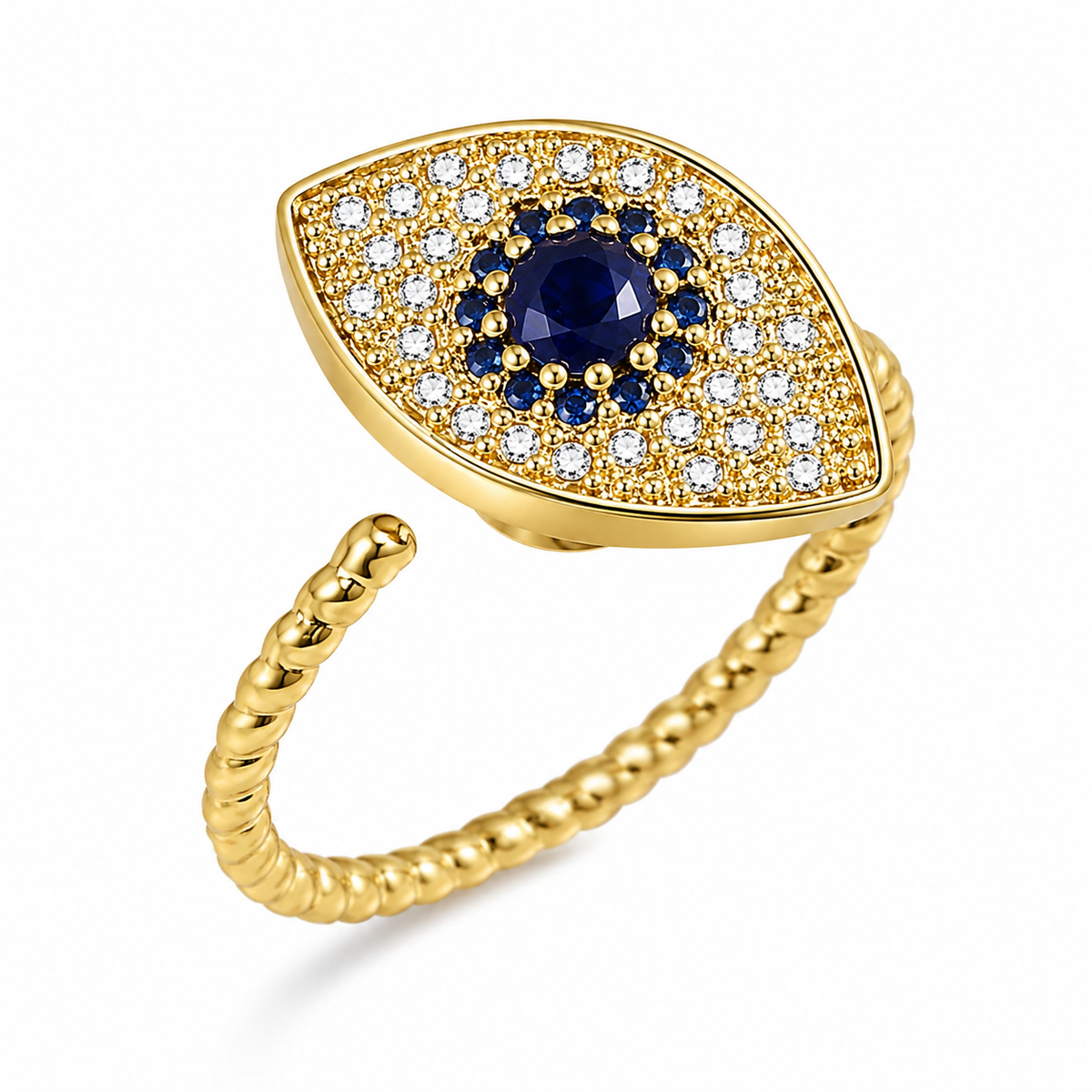 Bague anti-stress rotative Cyclope dorée, œil pavé à iris de pierres bleu nuit, anneau torsadé