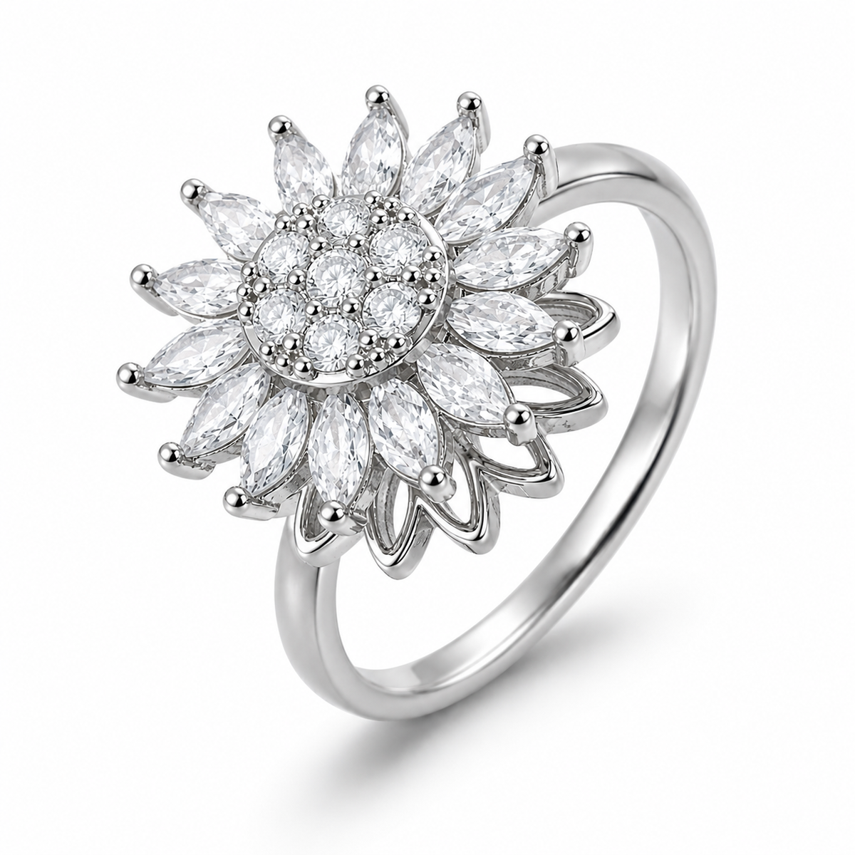 Bague anti-stress rotative Dahlias argentée, dahlia aux pétales en pierres taille marquise