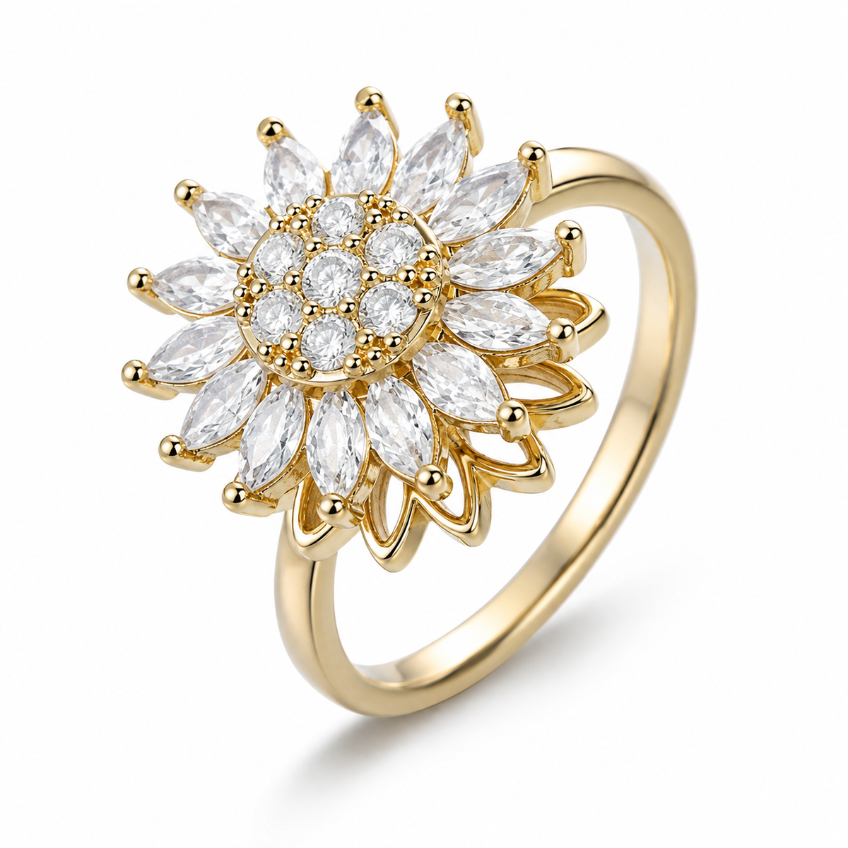 Bague anti-stress rotative Dahlias dorée, dahlia aux pétales en pierres taille marquise