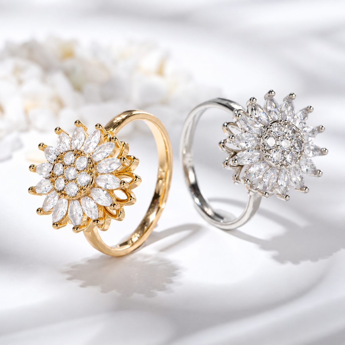 Bague anti-stress rotative Dahlias, dahlia aux pétales en pierres taille marquise, dans tous ses coloris
