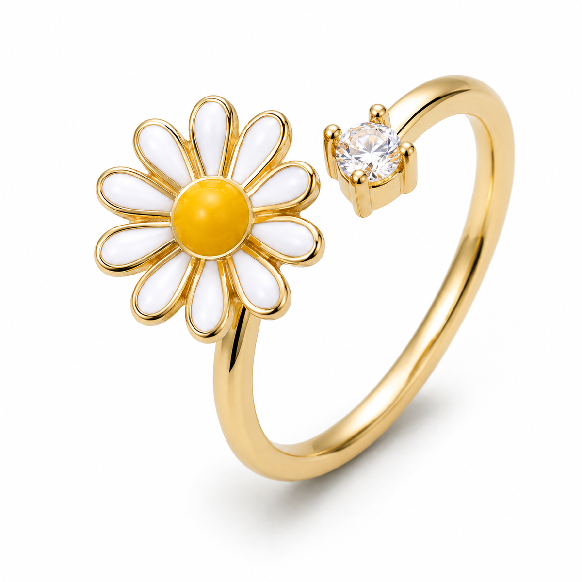 Bague anti-stress rotative Daisy, pâquerette émaillée blanche au cœur jaune, pierre sertie