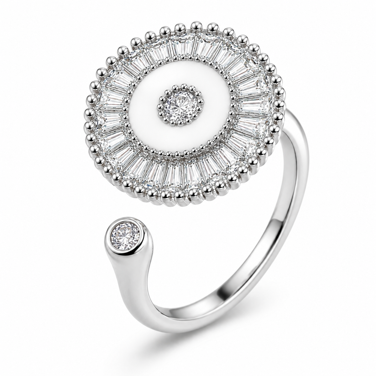 Bague anti-stress rotative Épicycle argentée, médaillon émaillé blanc couronné de pierres baguette