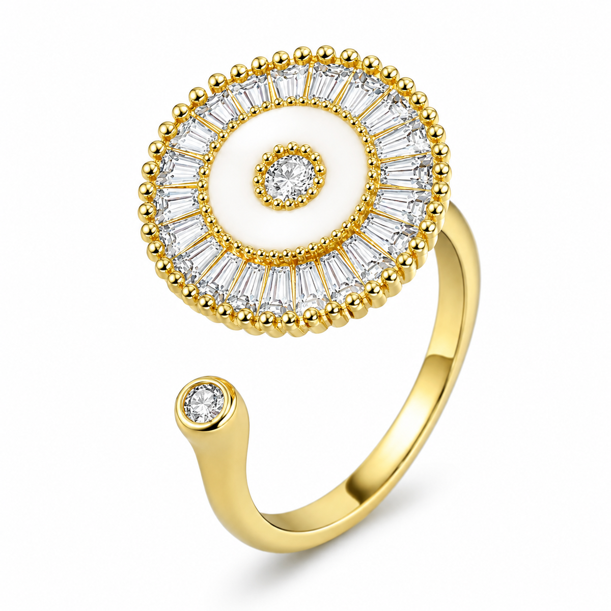 Bague anti-stress rotative Épicycle dorée, médaillon émaillé blanc couronné de pierres baguette