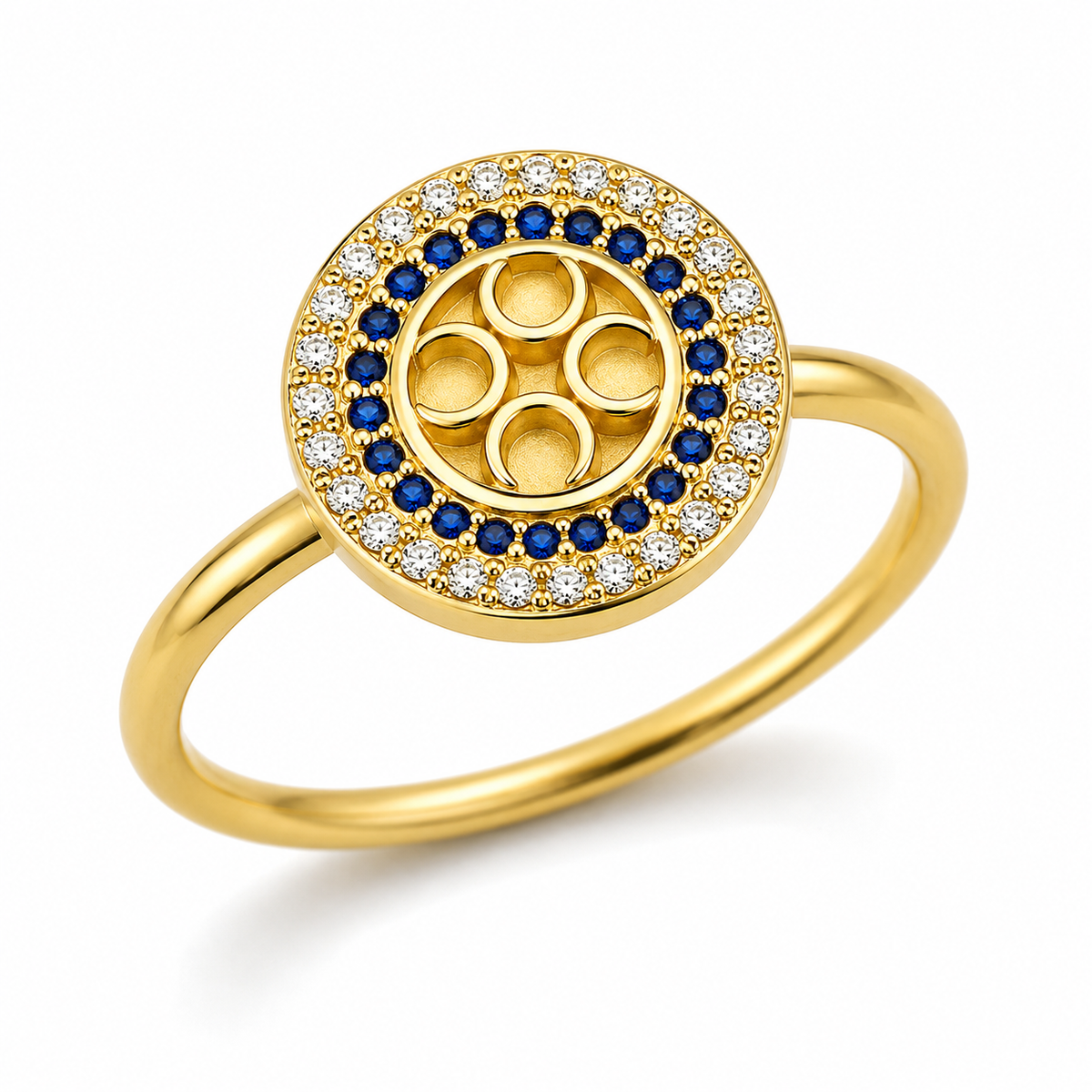 Bague anti-stress rotative Équilibre, médaillon rond à pierres bleu nuit et disque ajouré