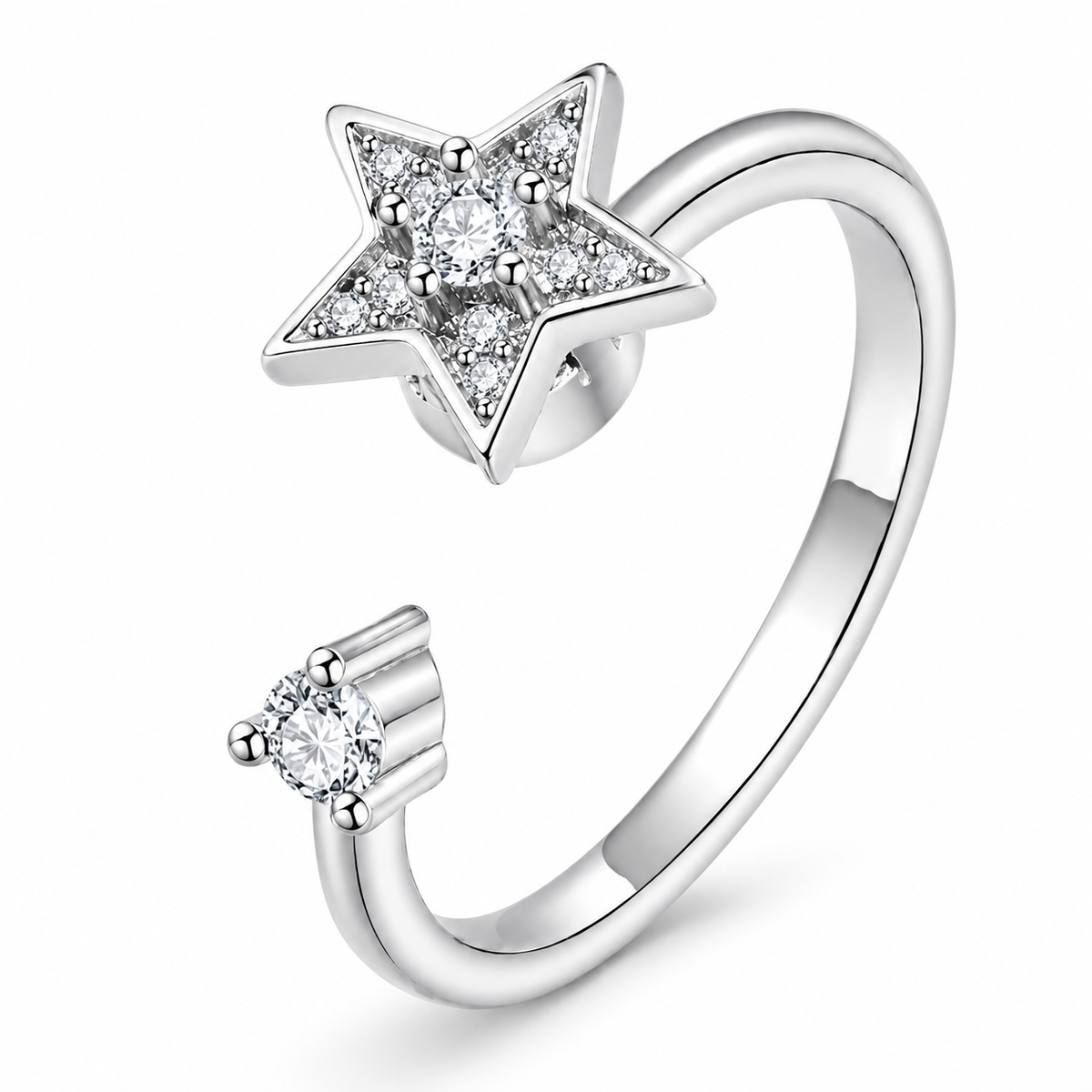 Bague anti-stress rotative Étoile argentée, étoile pavée de petites pierres et pierre centrale
