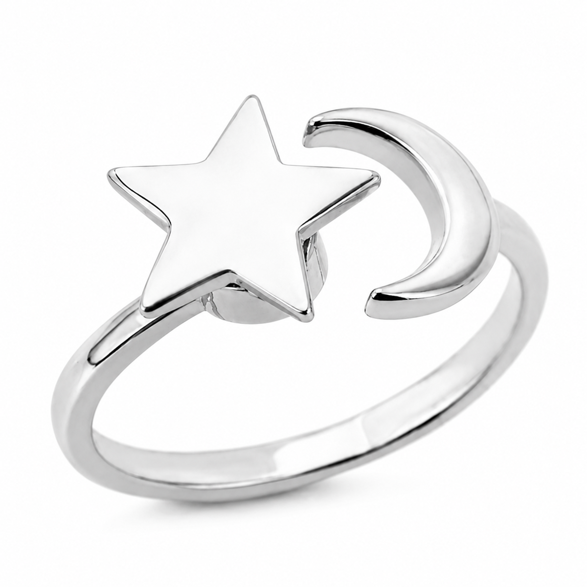 Bague anti-stress rotative Étoile Lune argentée, étoile et croissant de lune polis
