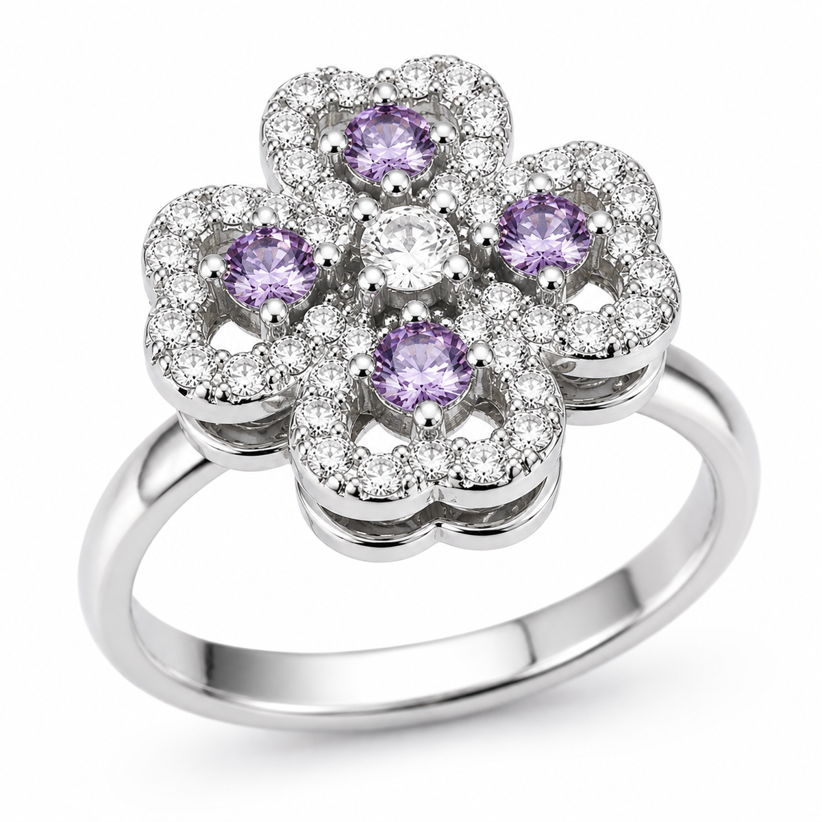 Bague anti-stress rotative Fleur Céleste argentée, fleur sertie de pierres blanches et violettes