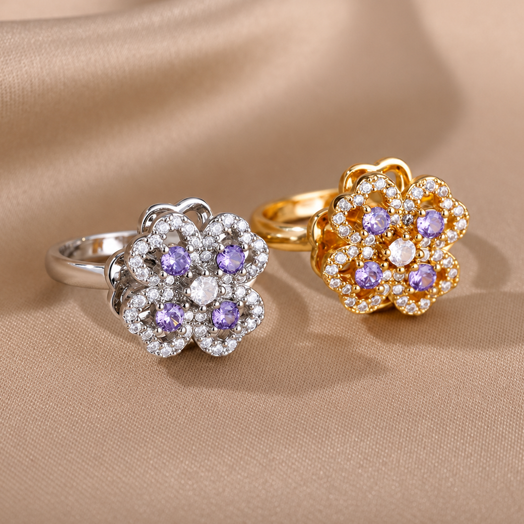Bague anti-stress rotative Fleur Céleste, fleur sertie de pierres blanches et violettes, dans tous ses coloris