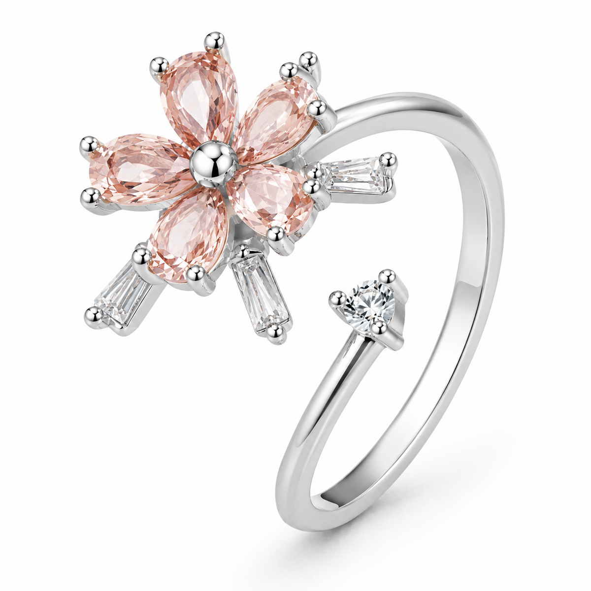 Bague anti-stress rotative Fleur Cosmique argentée, fleur aux pétales en pierres pêche et pierres taille baguette