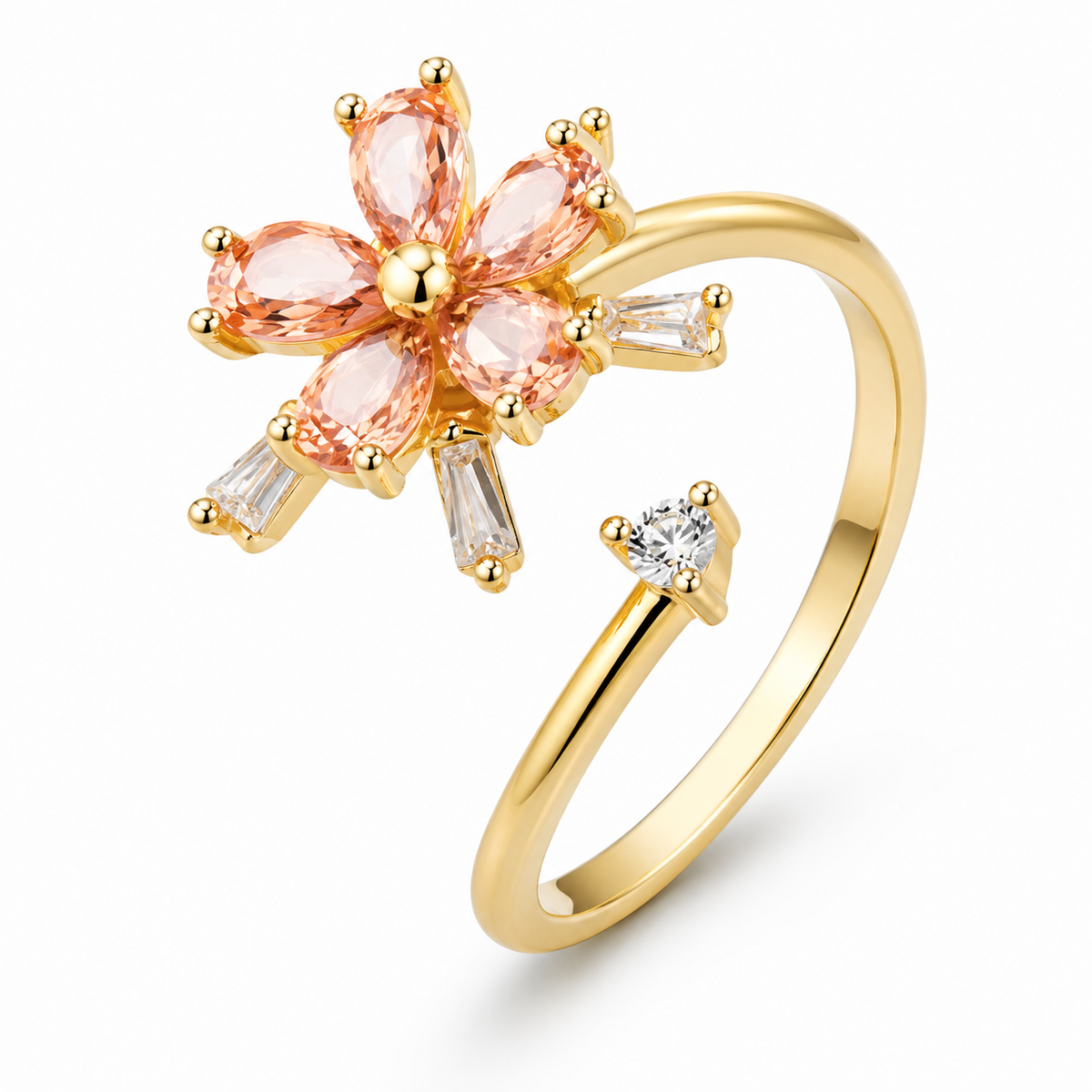 Bague anti-stress rotative Fleur Cosmique dorée, fleur aux pétales en pierres pêche et pierres taille baguette