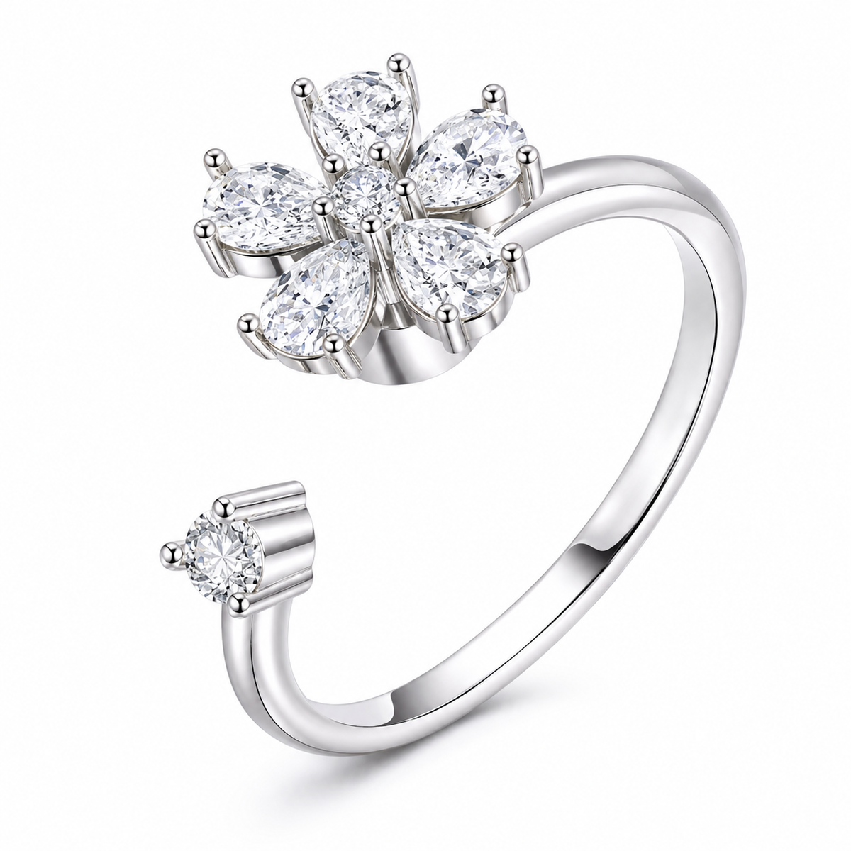 Bague anti-stress rotative Fleur Cristal argentée, fleur aux pétales de cristal en forme de goutte