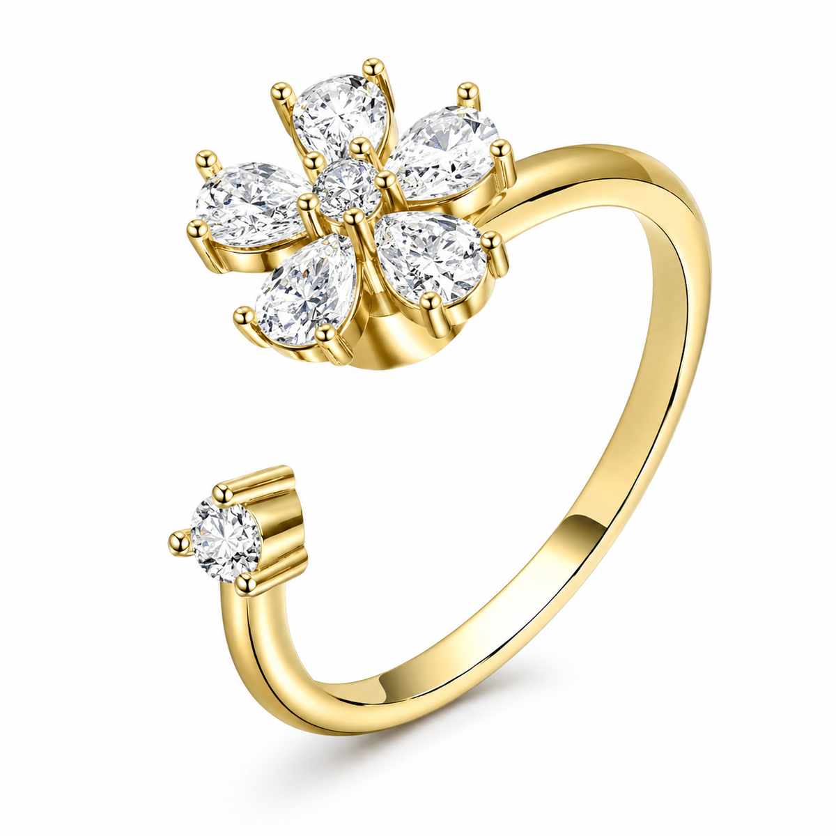 Bague anti-stress rotative Fleur Cristal dorée, fleur aux pétales de cristal en forme de goutte
