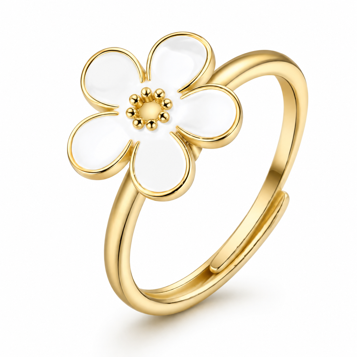 Bague anti-stress rotative Fleur Design, fleur émaillée à cinq pétales et cœur doré perlé