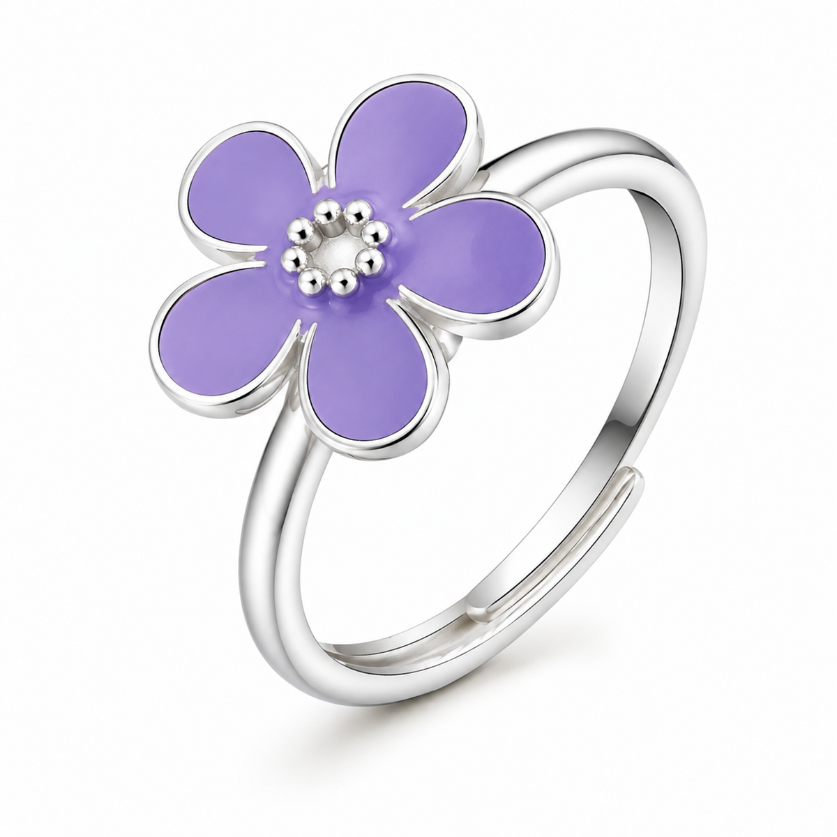 Bague anti-stress rotative Fleur Design, fleur émaillée à cinq pétales et cœur doré perlé