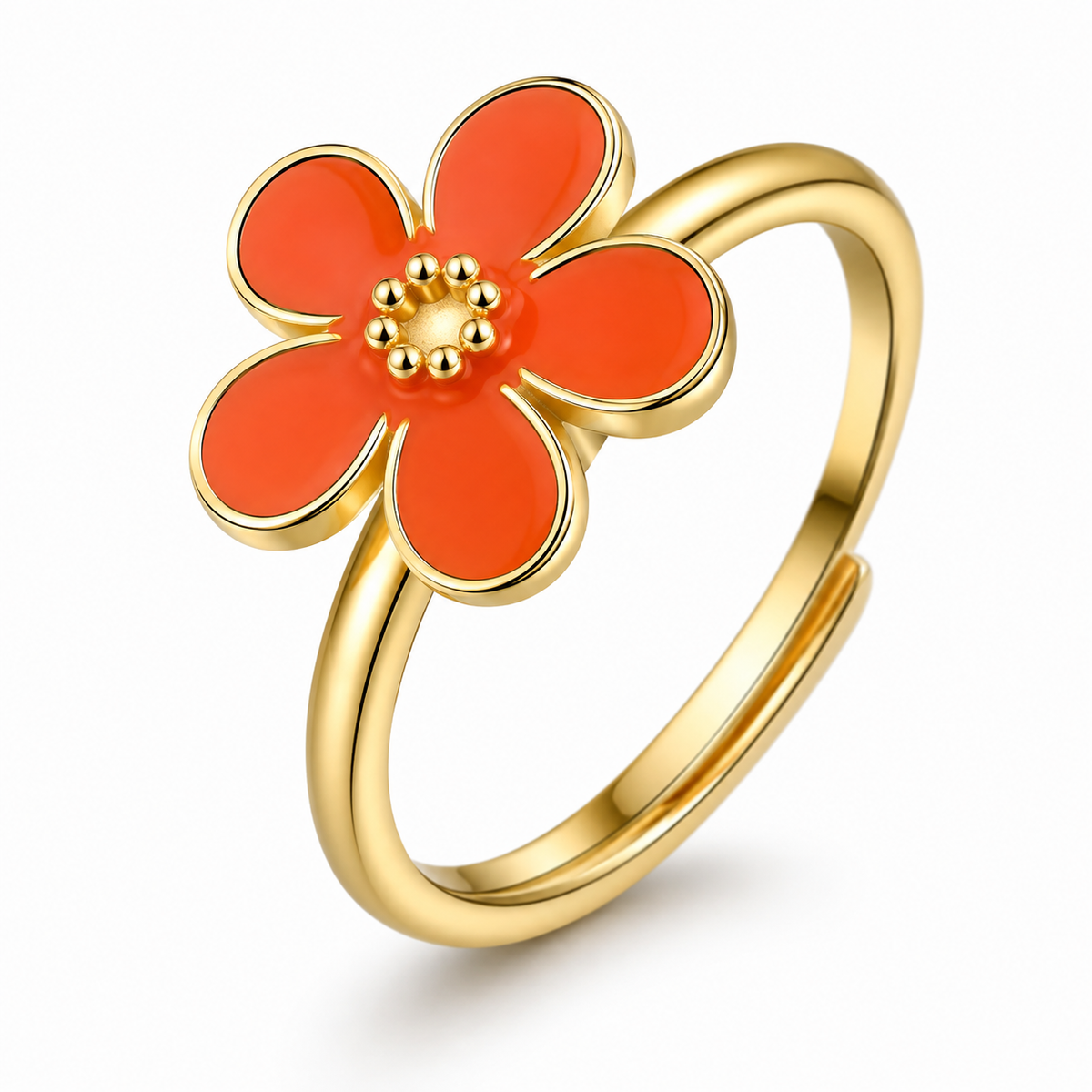 Bague anti-stress rotative Fleur Design, fleur émaillée à cinq pétales et cœur doré perlé