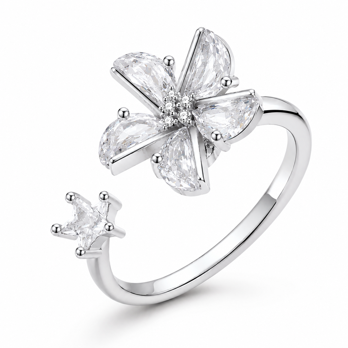Bague anti-stress rotative Fleur Vivace argentée, fleur aux grands pétales de cristal taillé et étoile sertie