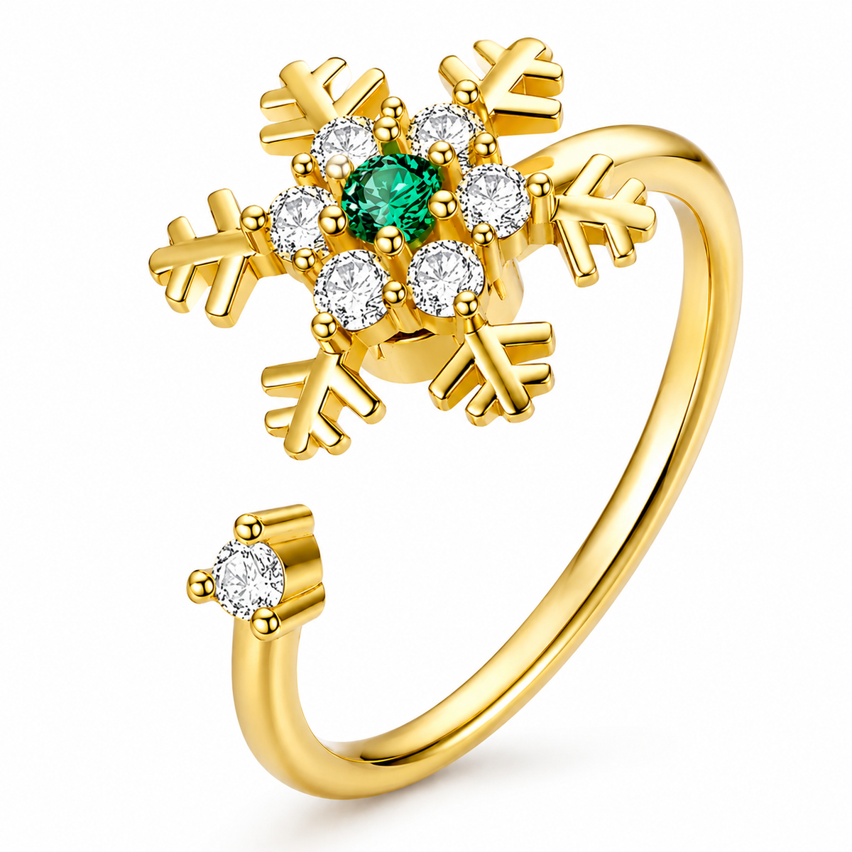 Bague anti-stress rotative Flocon dorée, flocon doré, pierre verte entourée de pierres blanches