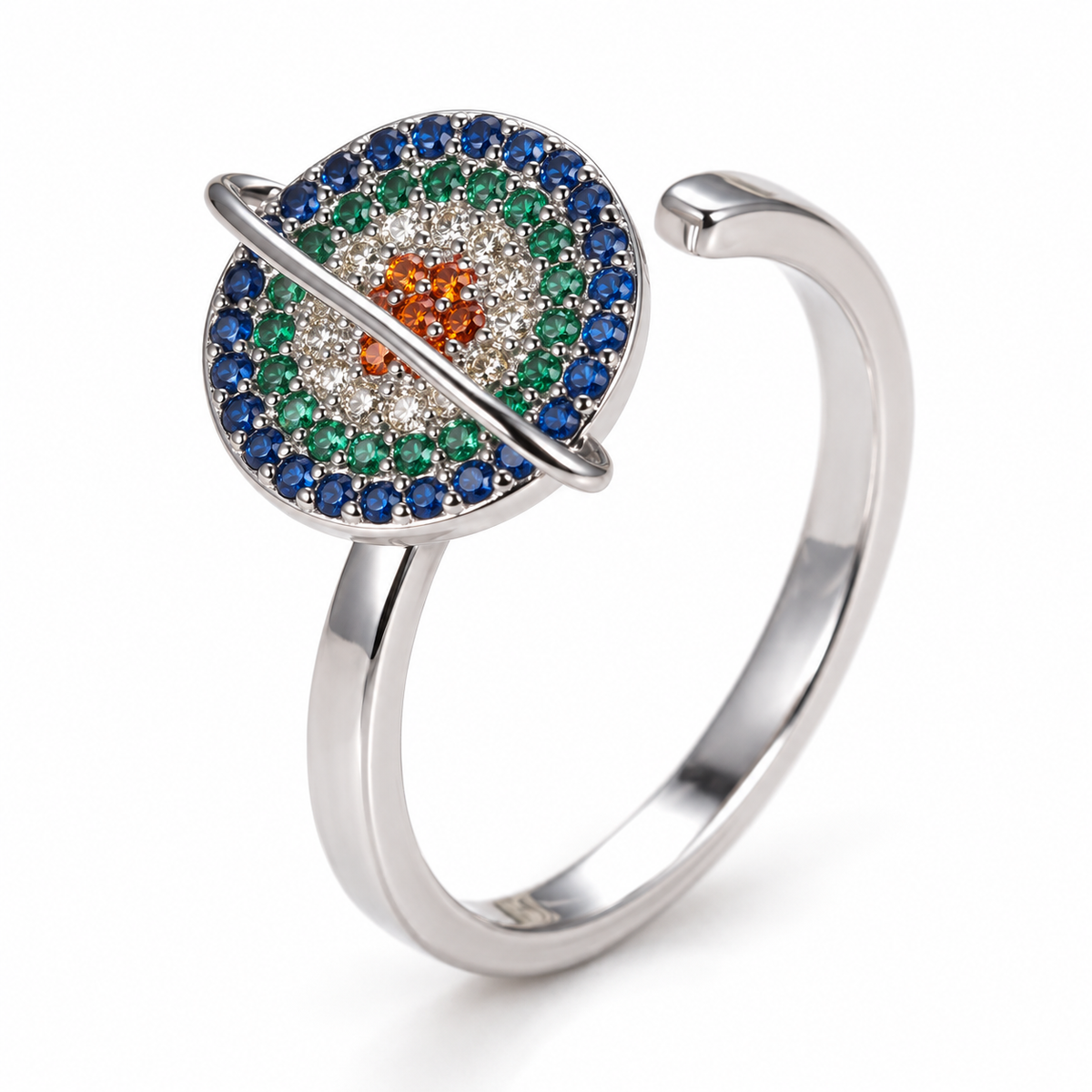 Bague anti-stress rotative Galaxie argentée, galaxie ceinte d’un anneau, sertie de pierres bleues, vertes, blanches et orangées
