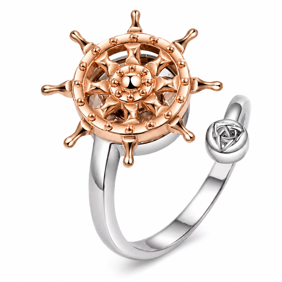 Bague anti-stress rotative Gouvernail, barre à roue de navire en or rose, petite rose argentée