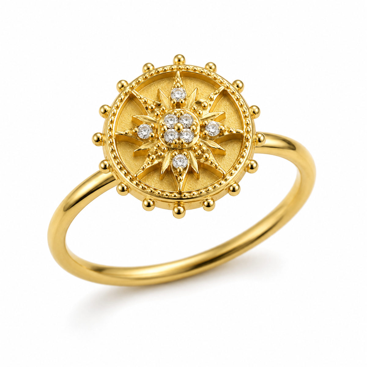 Bague anti-stress rotative Harmonie, médaillon perlé rayonnant et étoile de pierres