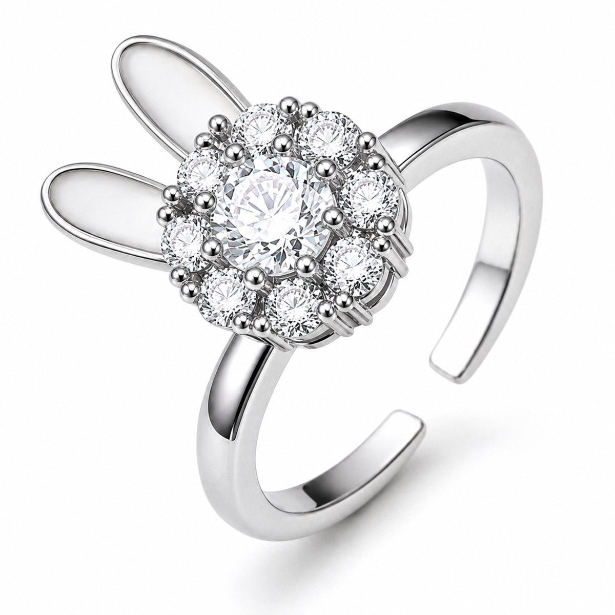 Bague anti-stress rotative Lapin argentée, tête de lapin en grappe de cristaux, oreilles nacrées