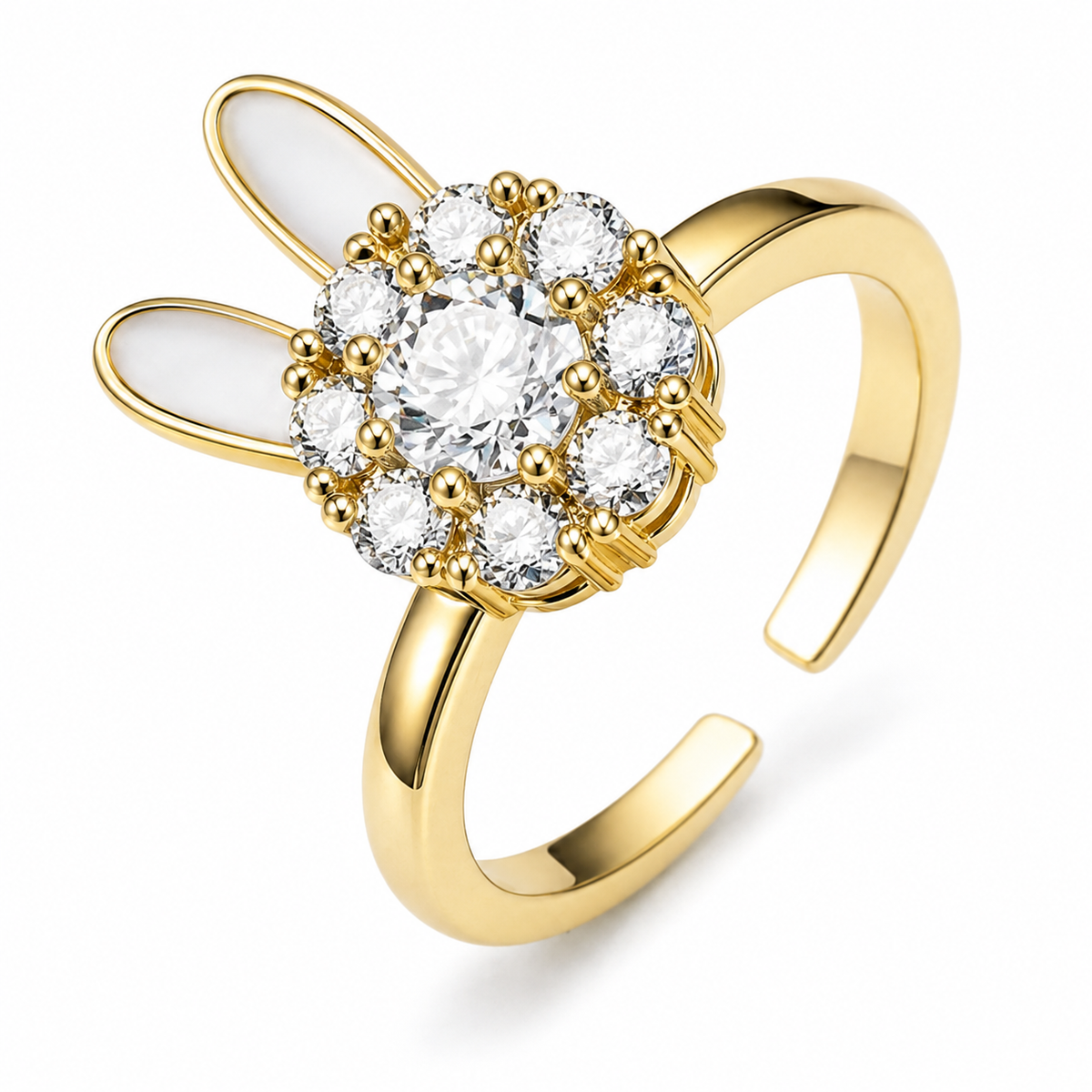 Bague anti-stress rotative Lapin, tête de lapin en grappe de cristaux, oreilles nacrées