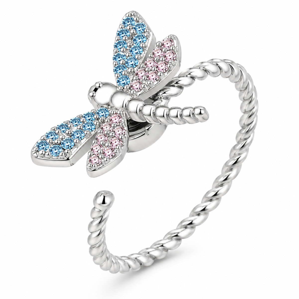 Bague anti-stress rotative Libellule argentée, libellule aux ailes pavées de pierres bleues et roses, anneau torsadé