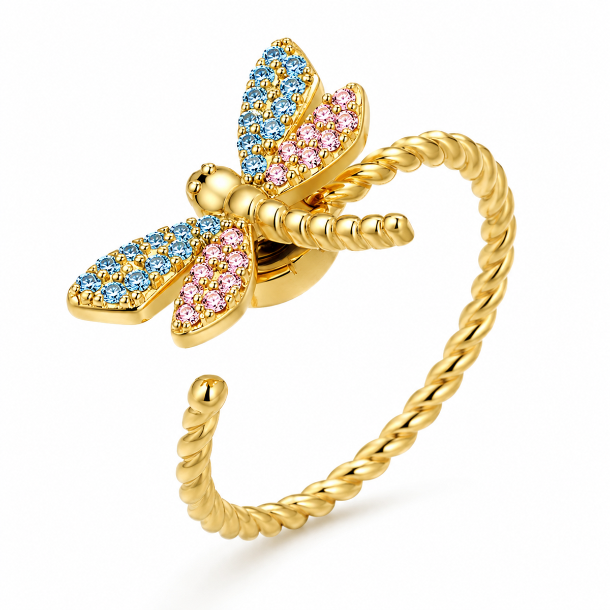 Bague anti-stress rotative Libellule dorée, libellule aux ailes pavées de pierres bleues et roses, anneau torsadé