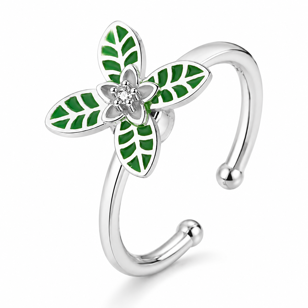 Bague anti-stress rotative Lys argentée, lys aux feuilles émaillées de vert et cœur serti