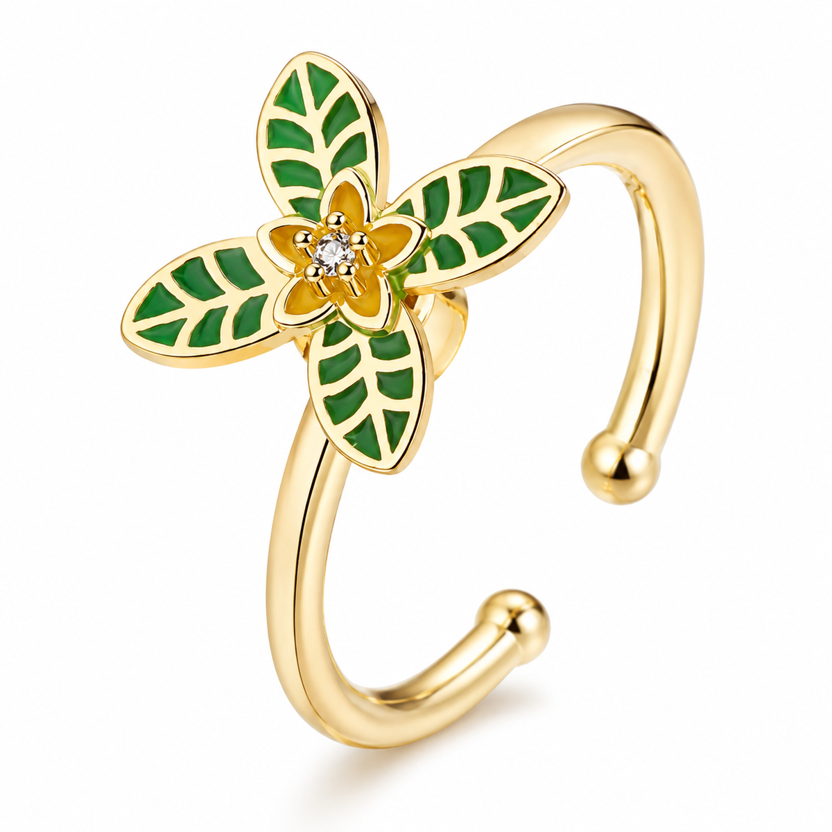 Bague anti-stress rotative Lys dorée, lys aux feuilles émaillées de vert et cœur serti