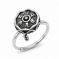 Bague anti-stress rotative Mantra, cylindre en argent vieilli gravé de caractères tibétains, pierre noire au centre