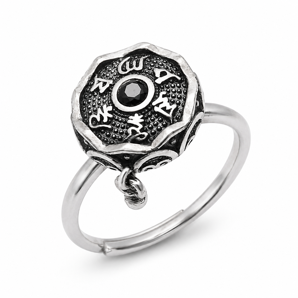 Bague anti-stress rotative Mantra, cylindre en argent vieilli gravé de caractères tibétains, pierre noire au centre