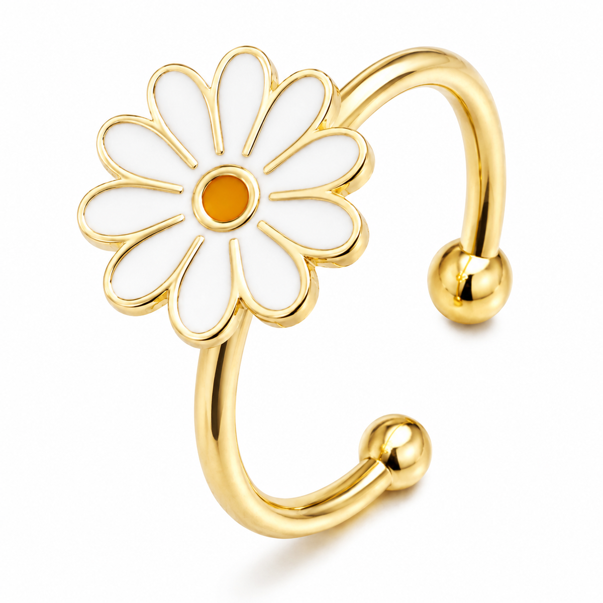 Bague anti-stress rotative Marguerite, marguerite émaillée blanche au cœur orangé