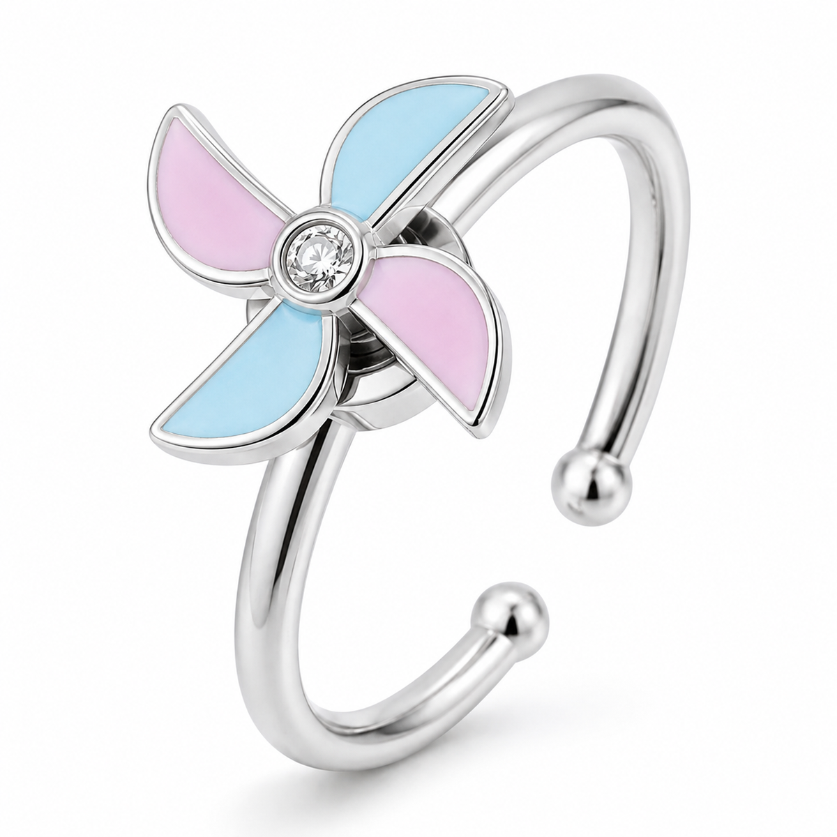 Bague anti-stress rotative Moulin argentée, moulin à vent aux pales émaillées rose et turquoise
