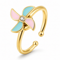 Bague anti-stress rotative Moulin dorée, moulin à vent aux pales émaillées rose et turquoise