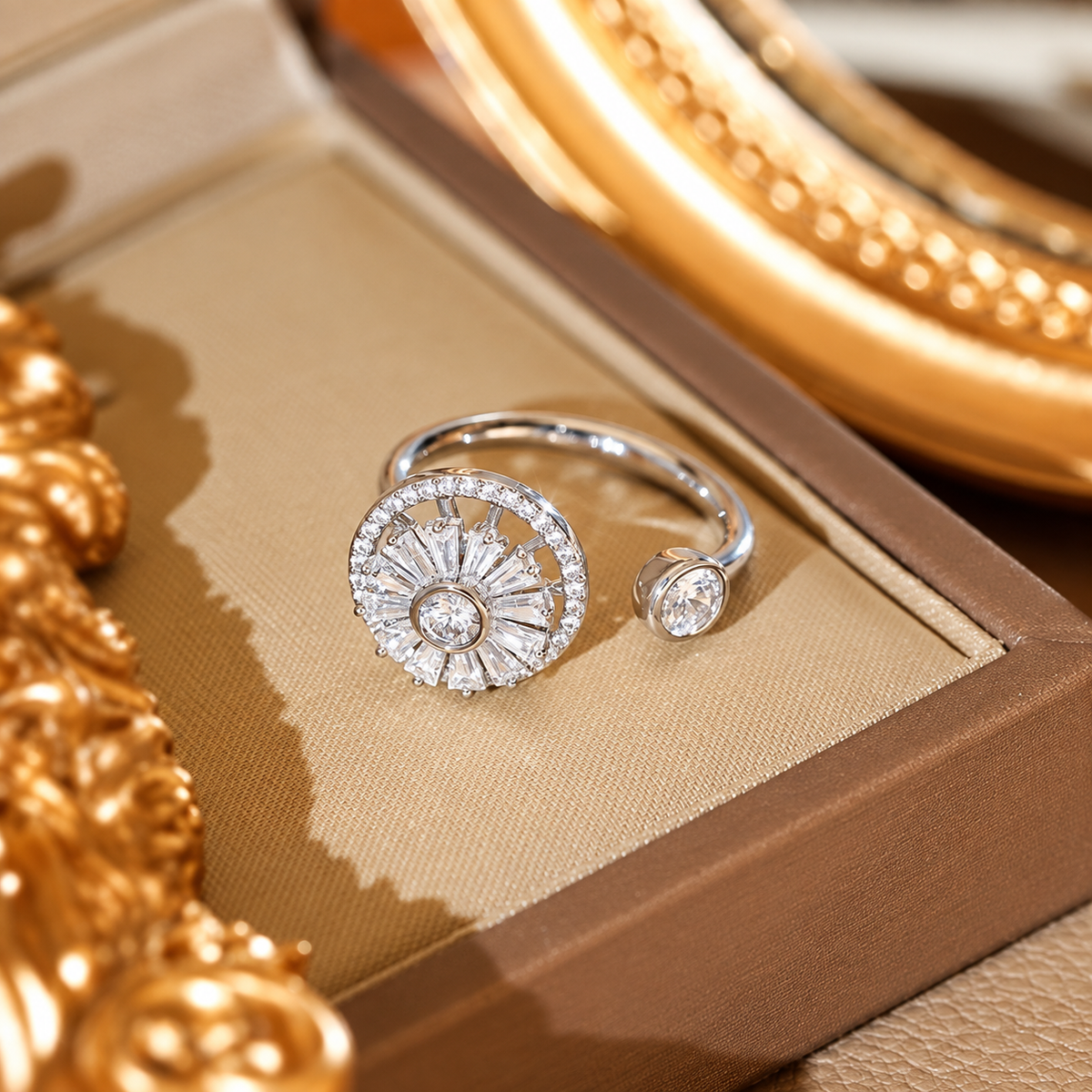 Bague anti-stress rotative Nyctinastie argentée, fleur rayonnante de pierres taille baguette
