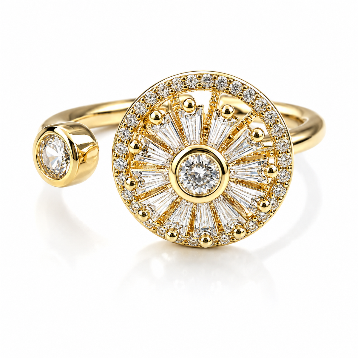 Bague anti-stress rotative Nyctinastie, fleur rayonnante de pierres taille baguette