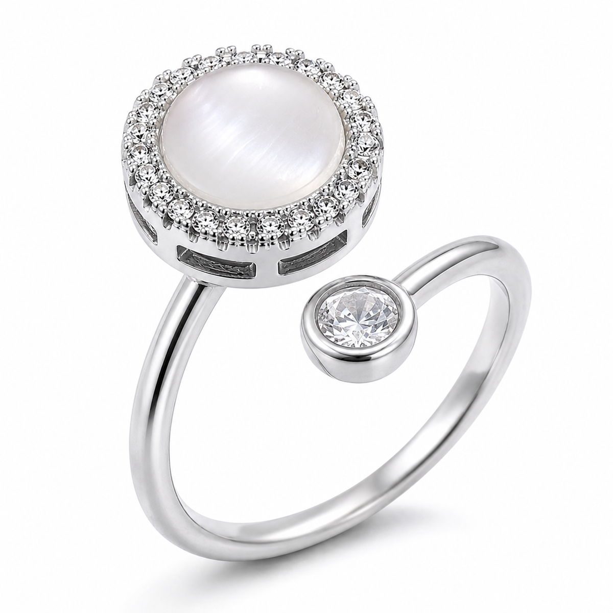 Bague anti-stress rotative Œil De Grâce argentée, cabochon blanc nacré cerclé de petites pierres, pierre sertie clos