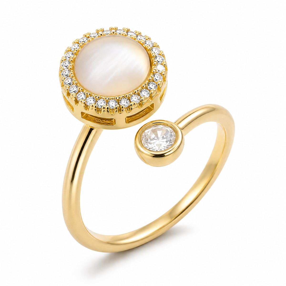 Bague anti-stress rotative Œil De Grâce dorée, cabochon blanc nacré cerclé de petites pierres, pierre sertie clos