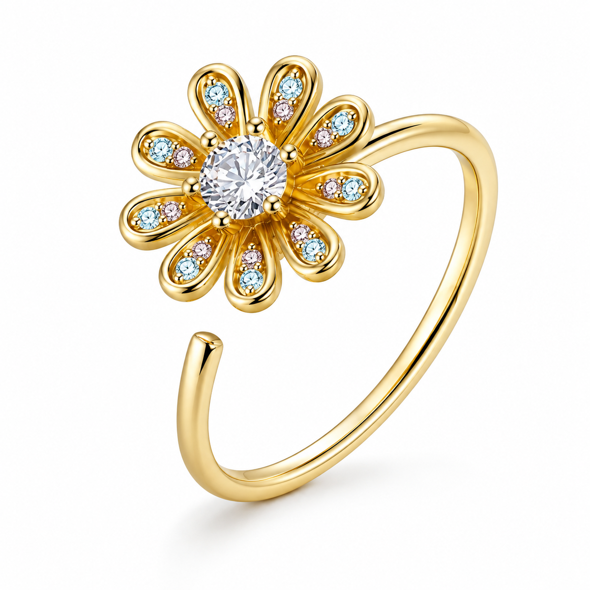 Bague anti-stress rotative Oxalis dorée, fleur aux pétales piqués de pierres bleues et roses