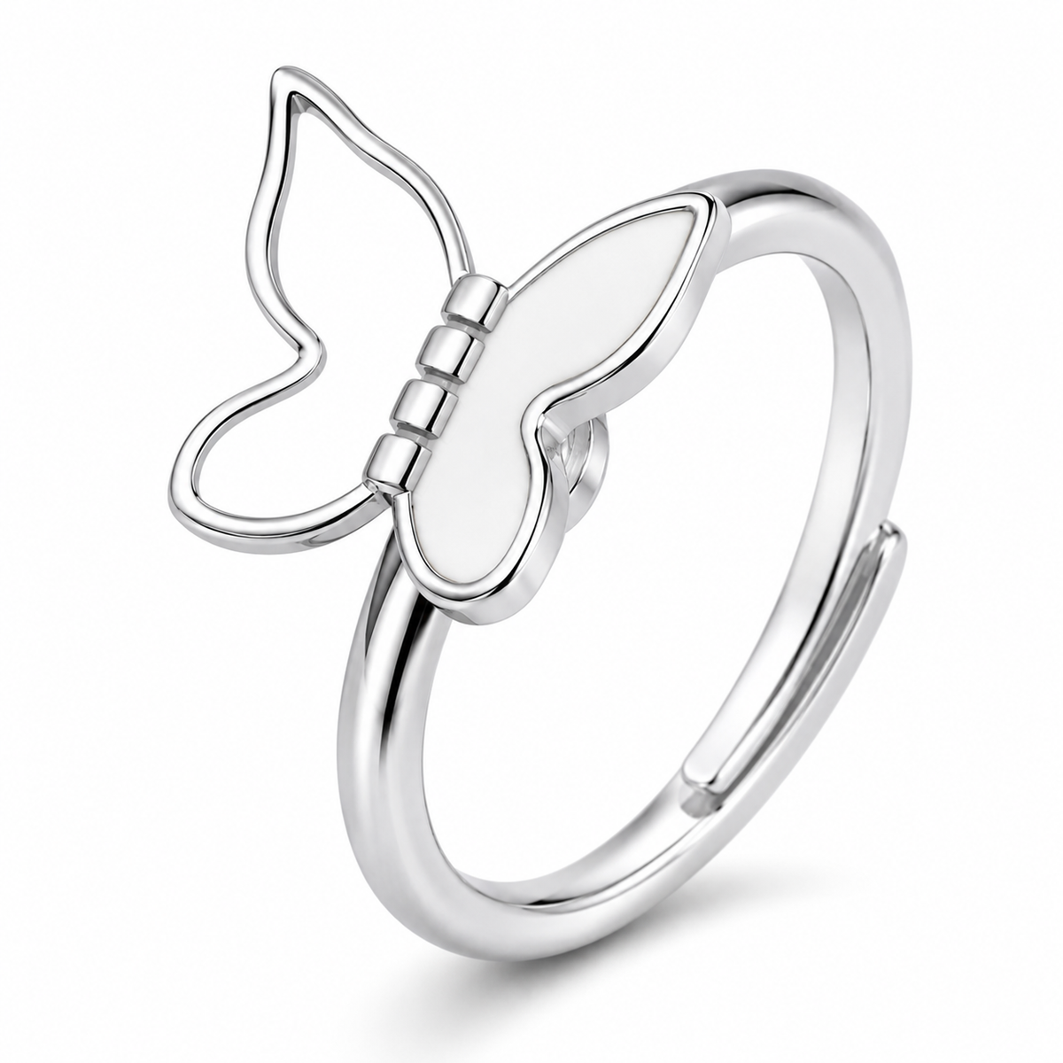 Bague anti-stress rotative Papillon argentée, papillon à une aile émaillée blanche et une aile ajourée