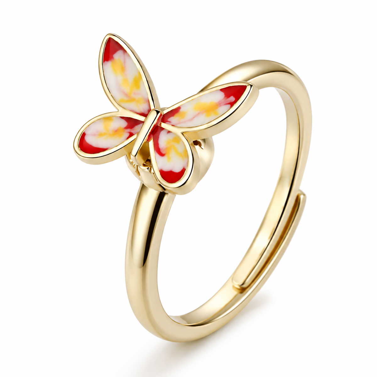 Bague anti-stress rotative Papillon Charmant, papillon aux ailes émaillées rouge, jaune et blanc