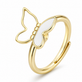 Bague anti-stress rotative Papillon dorée, papillon à une aile émaillée blanche et une aile ajourée