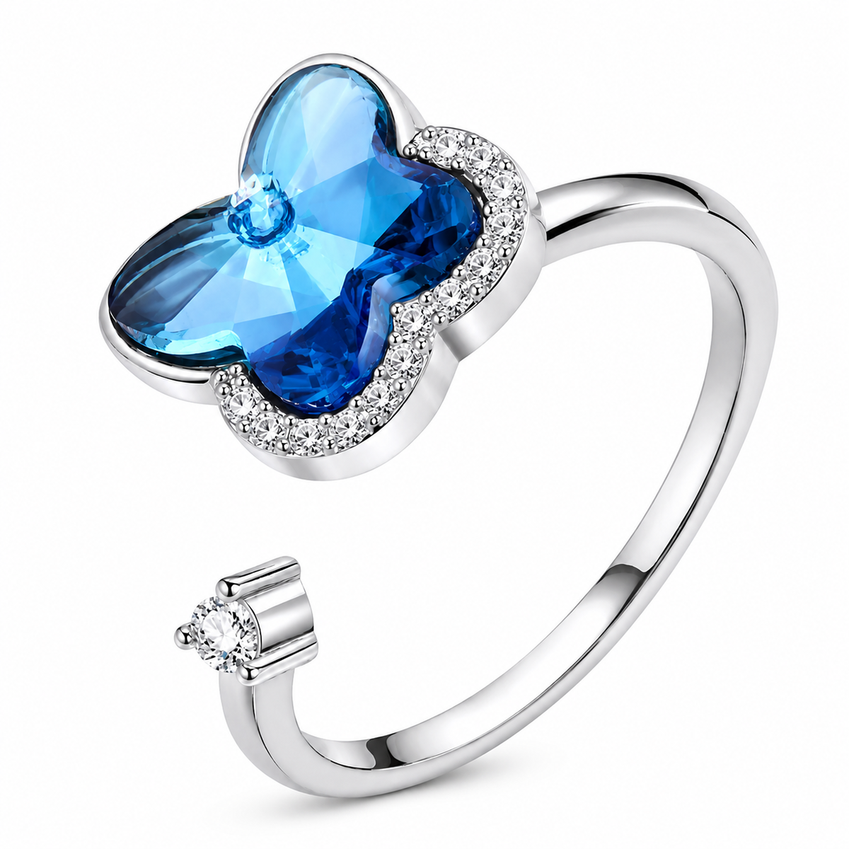 Bague anti-stress rotative Papillon Galactique argentée, papillon en cristal bleu facetté bordé de petites pierres