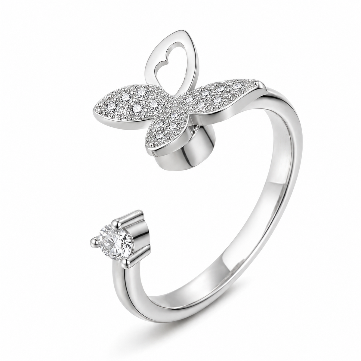 Bague anti-stress rotative Papillon Libre argentée, papillon pavé à aile ajourée