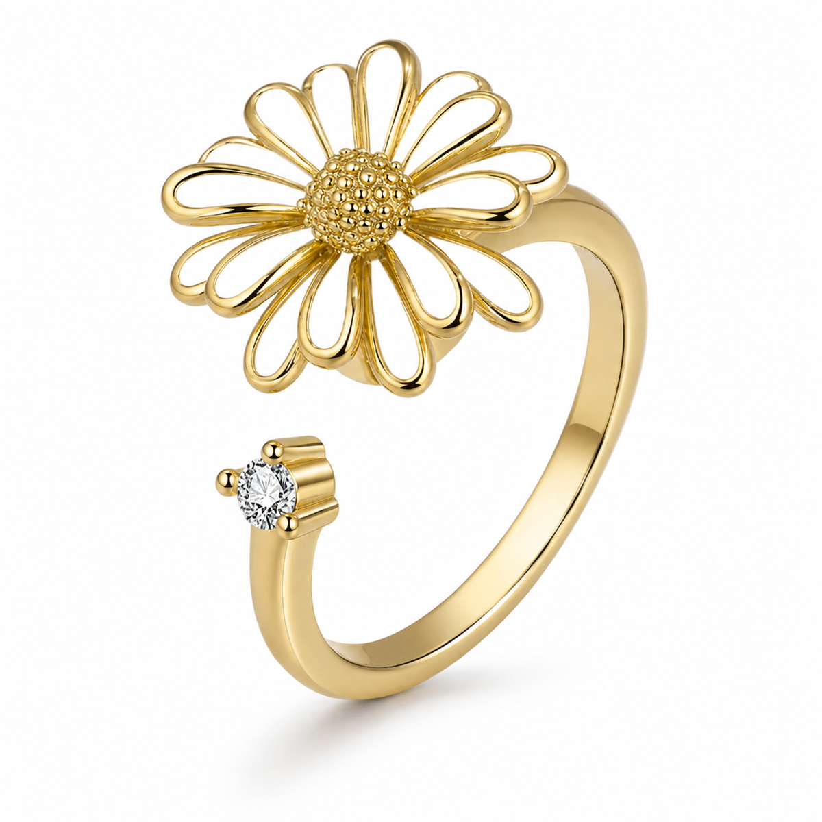 Bague anti-stress rotative Pâquerette dorée, pâquerette émaillée blanche au cœur doré texturé