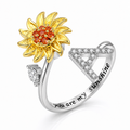 Bague anti-stress rotative Personnalisable, tournesol doré et initiale pavée, gravure you are my sunshine